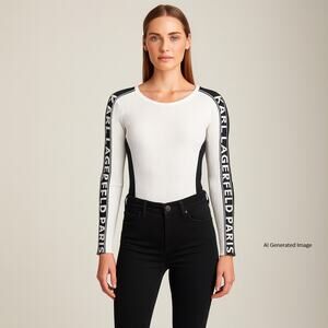 Karl Lagerfeld Paris White Black Colorblock Rib Knit Sporty Sweater XS NWT